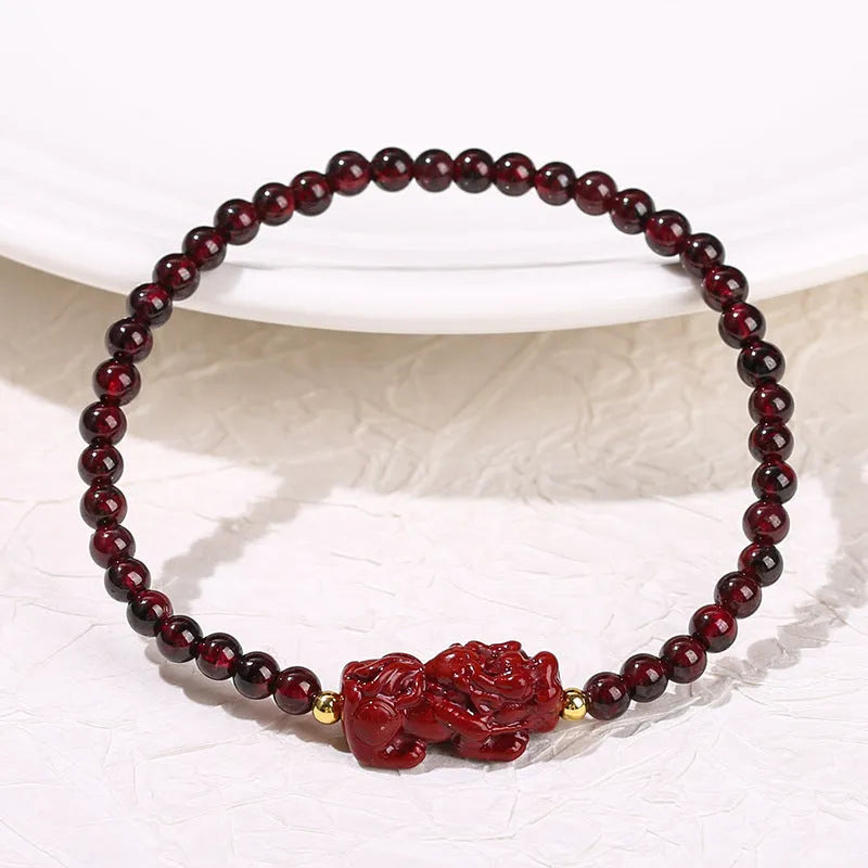 Natural garnet and strawberry quartz square bracelet with carved pixiu charms in purple and sand colours