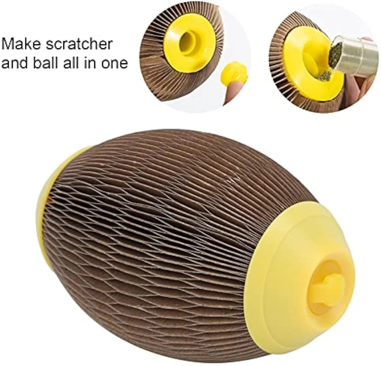 Elliptical corrugated paper catnip ball toy for scratching and kicking play