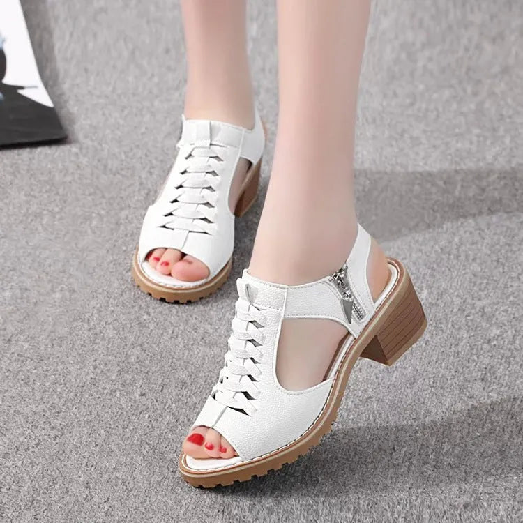 Women's black retro sandals with a side zip and a mid-height heel