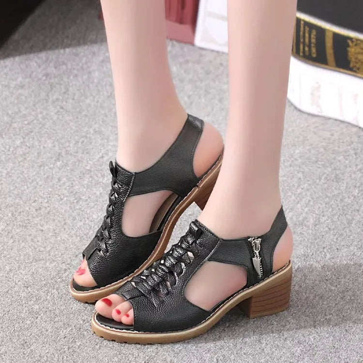 Women's black retro sandals with a side zip and a mid-height heel