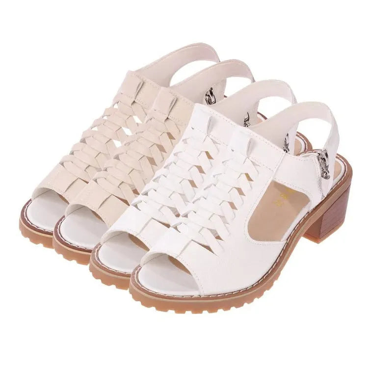 Women's black retro sandals with a side zip and a mid-height heel