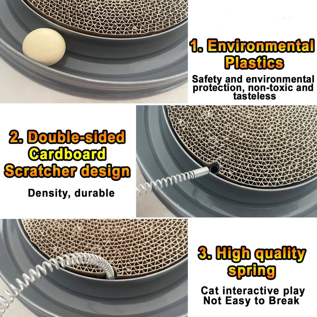 Blue interactive cat scratcher with ball track and replaceable scratch pad measuring 40cm