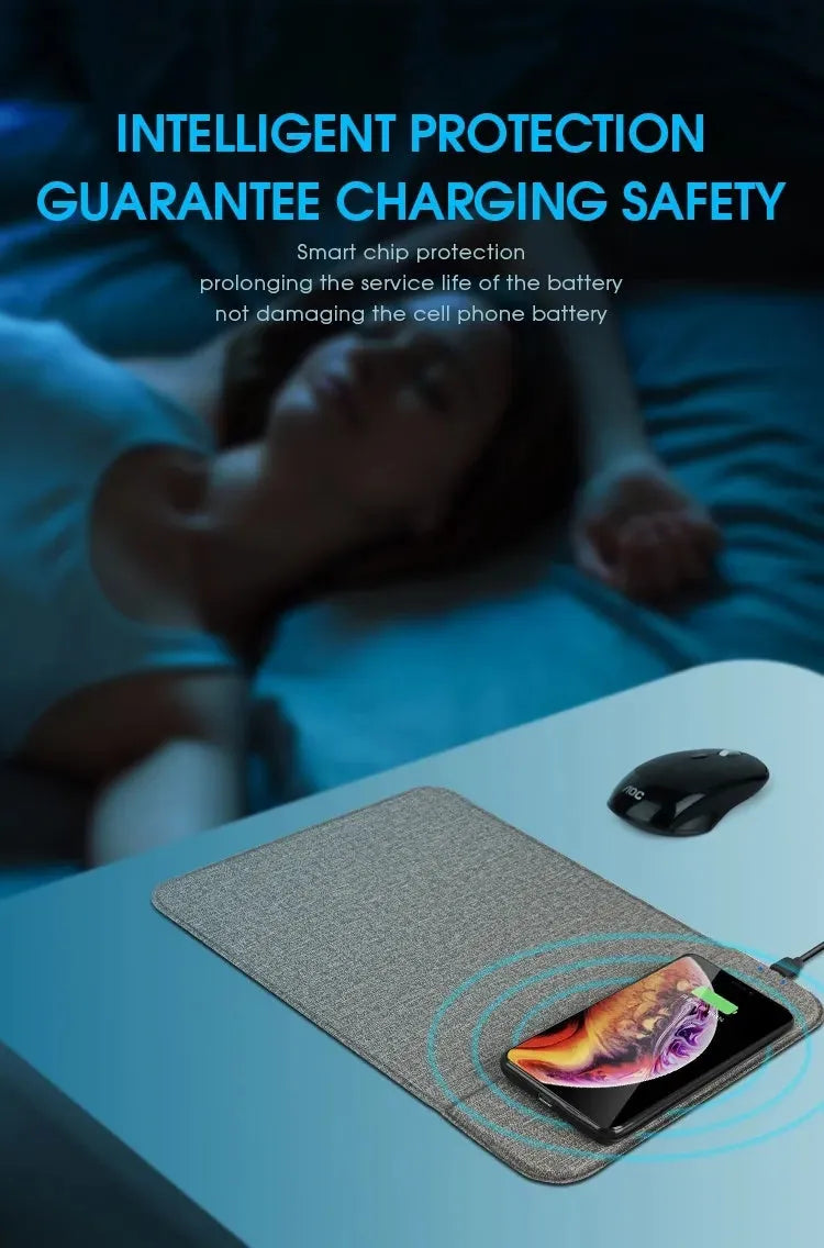 Foldable cloth wireless charging phone holder showing 10W Qi charging logo.
