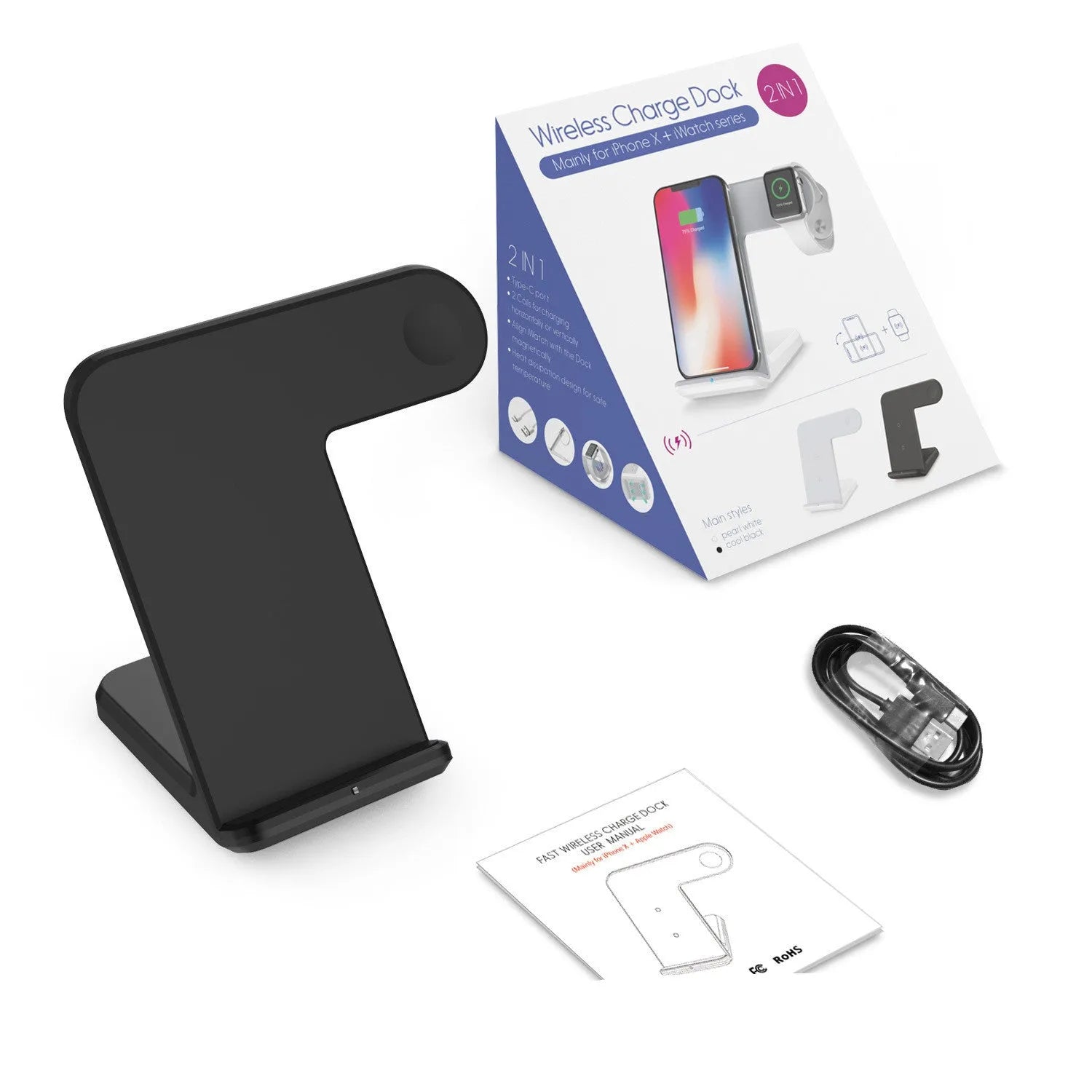Black and white wireless phone charger with Type-C cable on a desk.