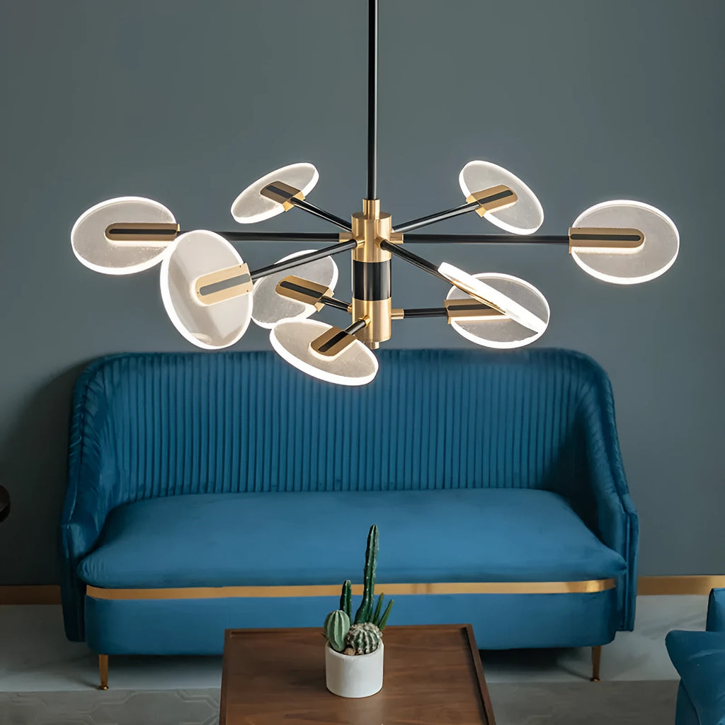 Nordic style iron LED chandelier with multiple acrylic shades hanging from a central frame.