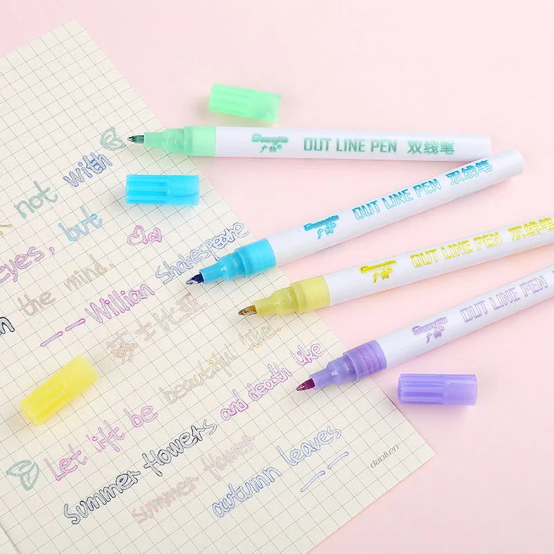 Set of eight fluorescent marker pens in a plastic storage case, showing bright colours and 2mm tips.