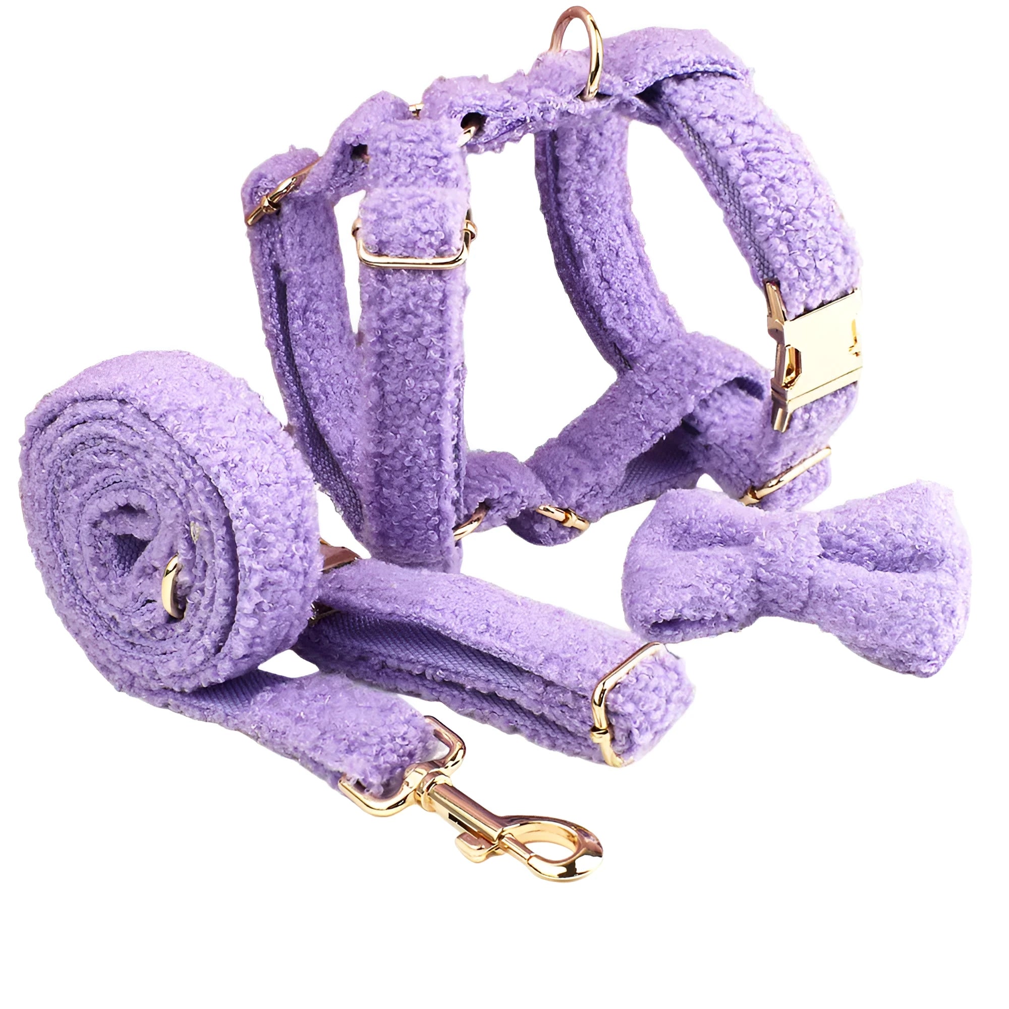 Purple cloth dog collar, leash, vest and bow four-piece pet accessory set showing coordinated design