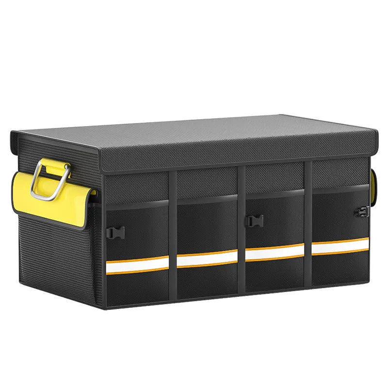 Black and yellow foldable fabric car trunk storage organiser bag with carry handle.