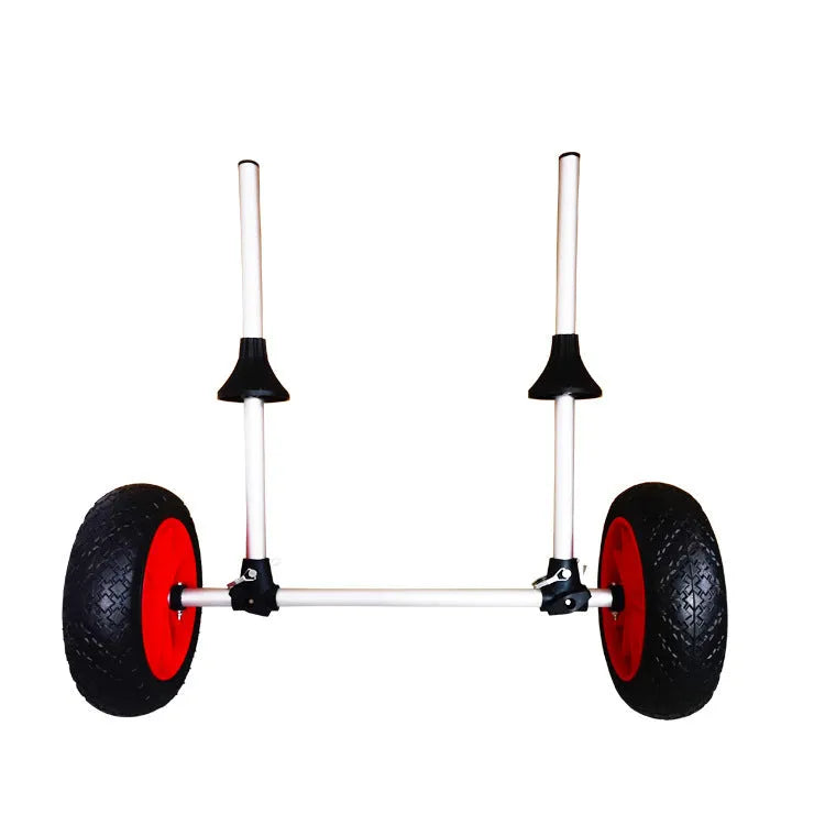 Foldable aluminium kayak beach trailer cart with upright pole and rubber components.