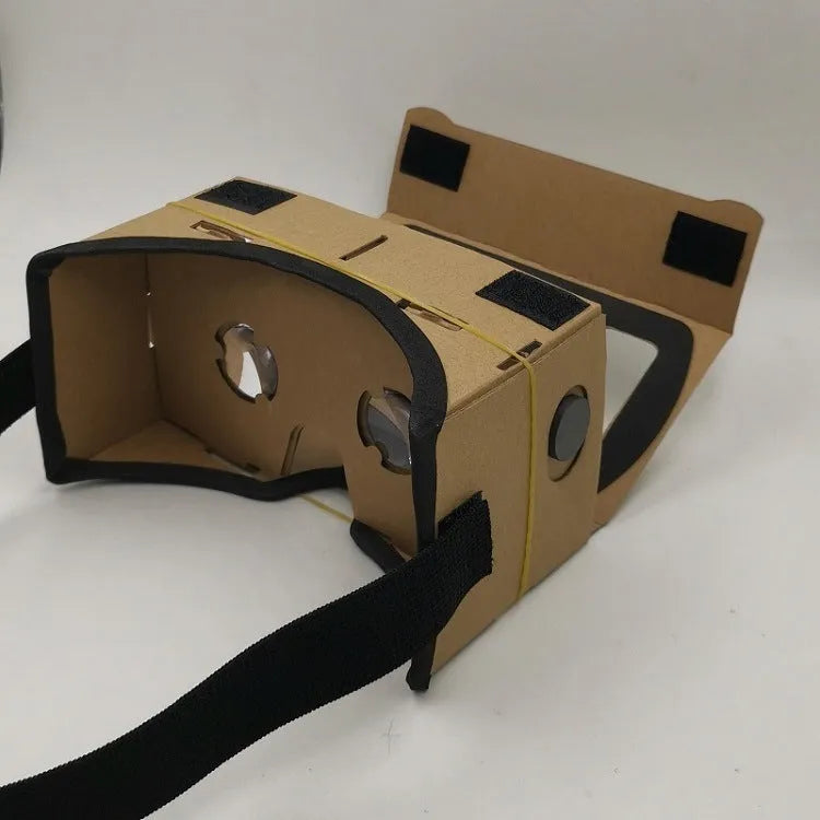 Cardboard VR glasses folded flat with 3D lens, rubber band, Velcro and magnet for 6-inch smartphones