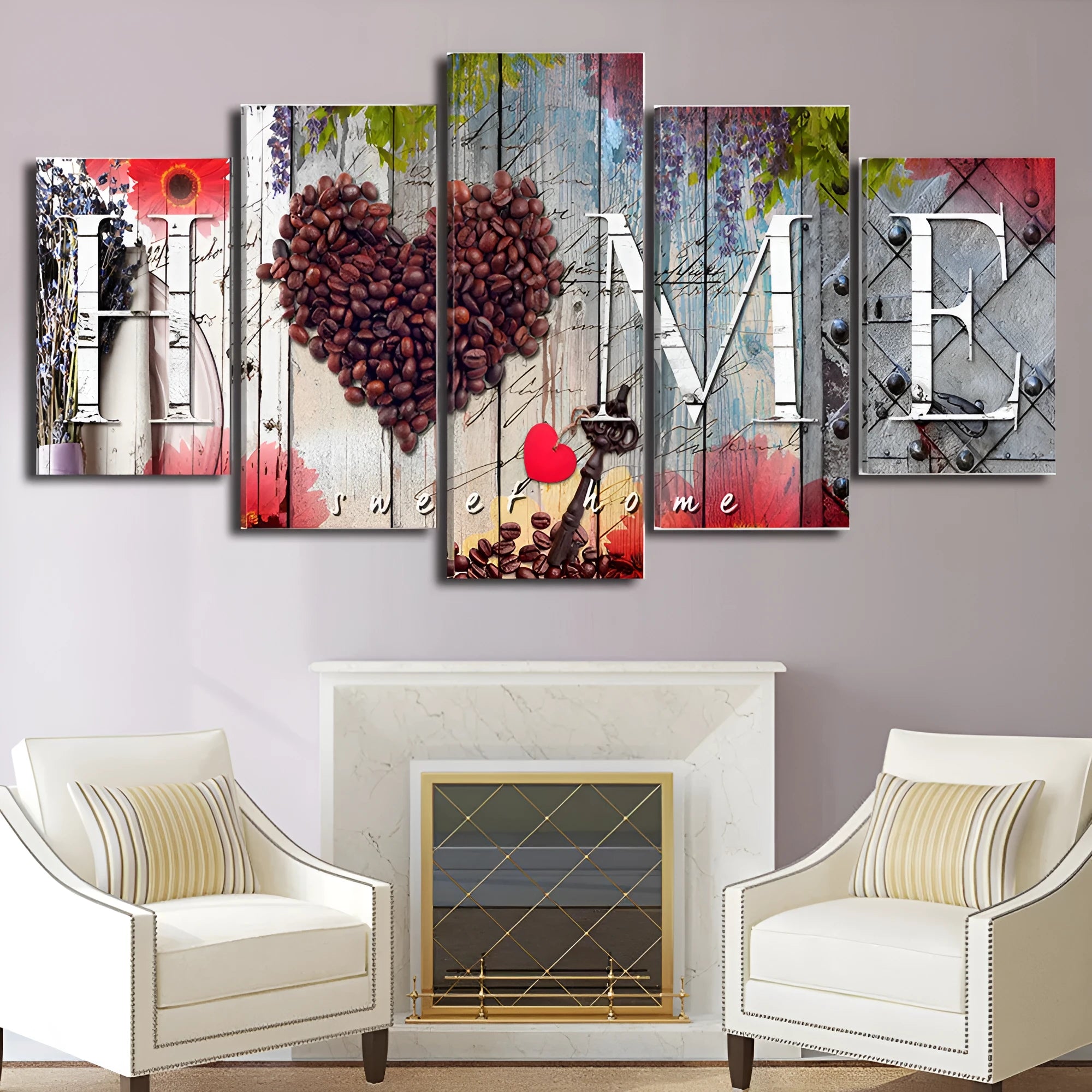 Set of five unframed red oil painting decoration boards in various sizes arranged on a wall.