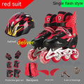 Adjustable children's ice skates with aluminium frame, PU foam wheels, matching helmet, protective gear set, and backpack in multiple colours.