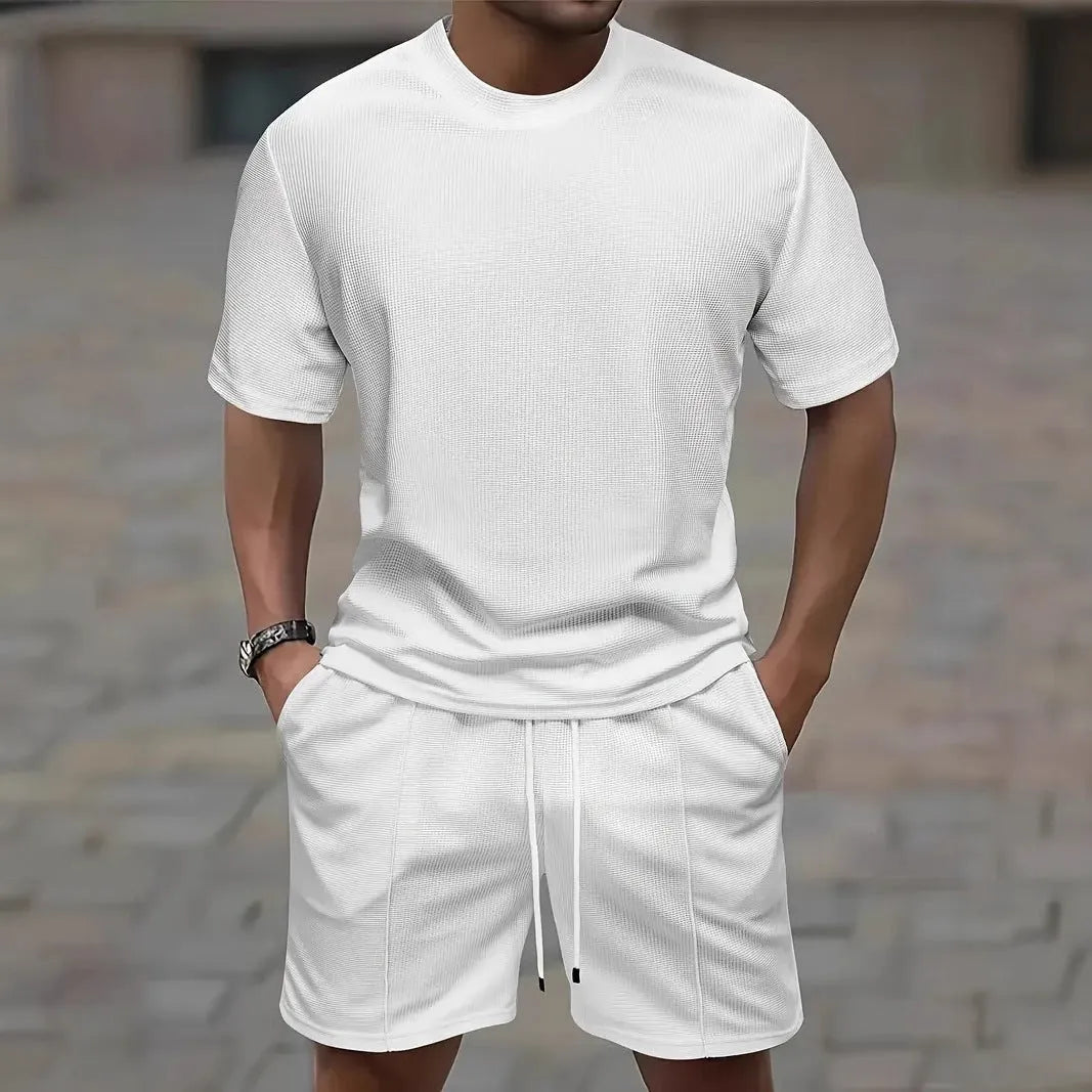 Men's apricot waffle texture short sleeve blouse and matching shorts laid flat