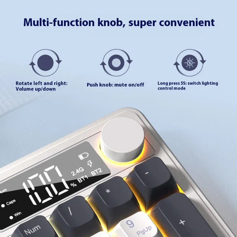 Blue and white wireless keyboard and mouse set with ball cap keycaps on a desk