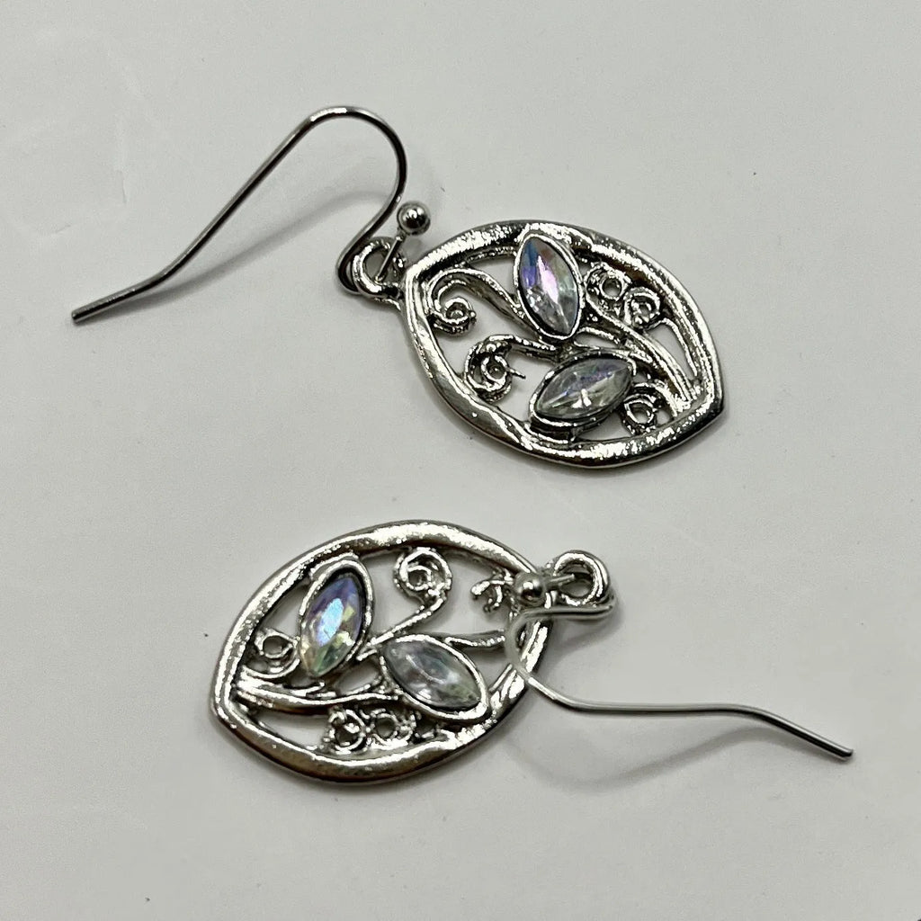 Women's silver alloy leaf earrings with embedded colourful moonstone and diamond treatment