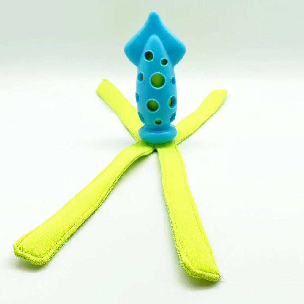 Blue cuttlefish-shaped squeaky dog chew toy, approximately 39cm long, made from rubber and cloth.