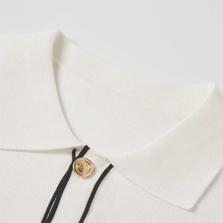 White short sleeve cardigan with contrasting lapels in Old Money style.