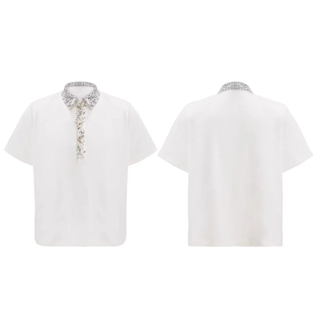 Men's loose black polo t-shirt with square collar, short sleeves, and embroidery sequin pattern.