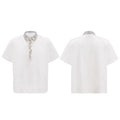 Men's loose black polo t-shirt with square collar, short sleeves, and embroidery sequin pattern.