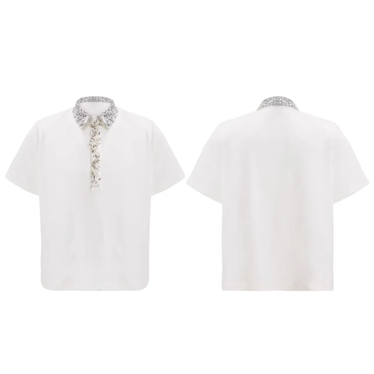 Men's loose black polo t-shirt with square collar, short sleeves, and embroidery sequin pattern.