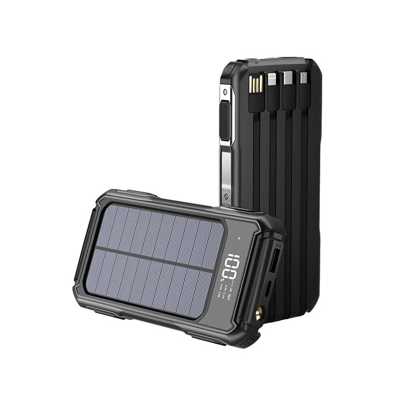 Military grade power bank in black, green, or orange colours showing size and USB port.
