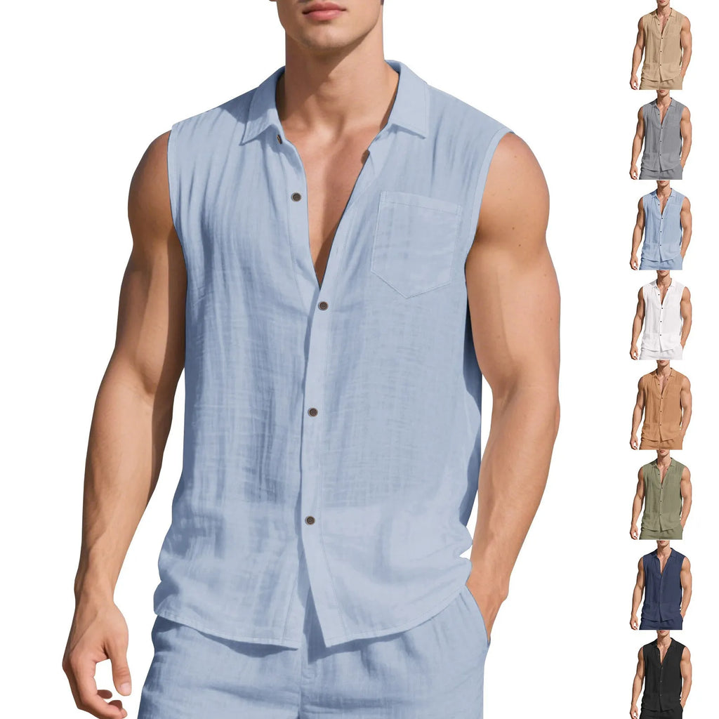 Men's sleeveless linen cardigan vest with polo collar in light blue colour showing loose fit design
