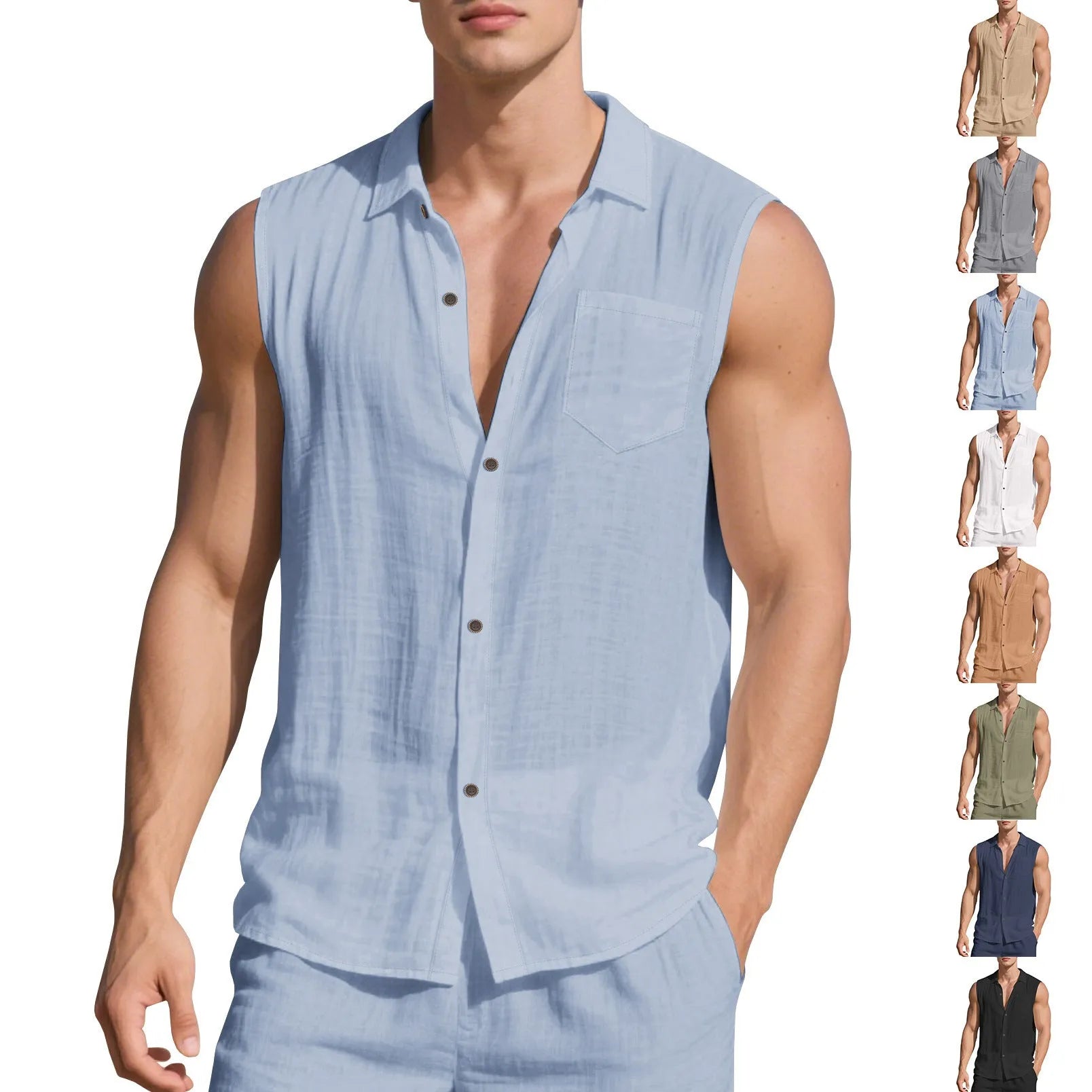 Men's sleeveless linen cardigan vest with polo collar in light blue colour showing loose fit design