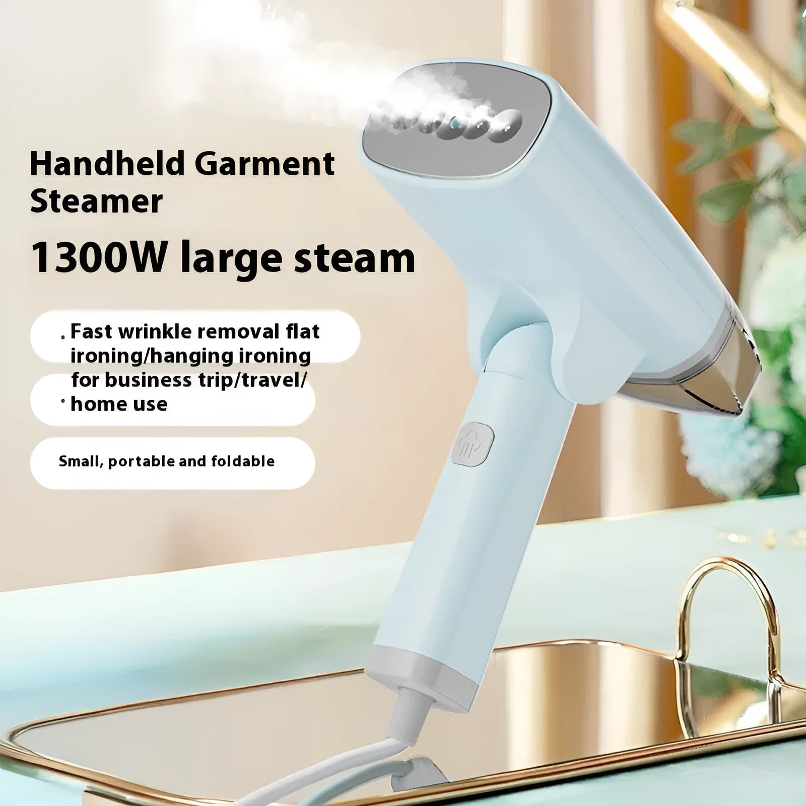 Blue and white handheld garment steamer with 1300W power rating and 85ml water tank