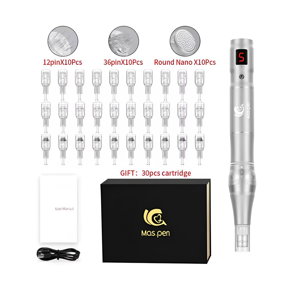 A professional electric microneedle pen device with a silver 30-pin spiral mouth nano needle head.