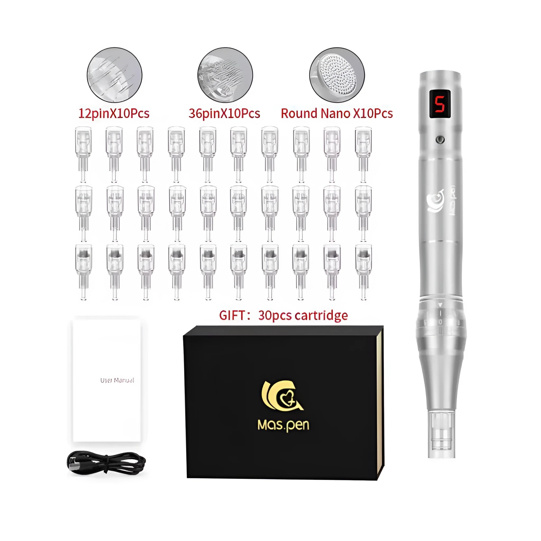 A professional electric microneedle pen device with a silver 30-pin spiral mouth nano needle head.