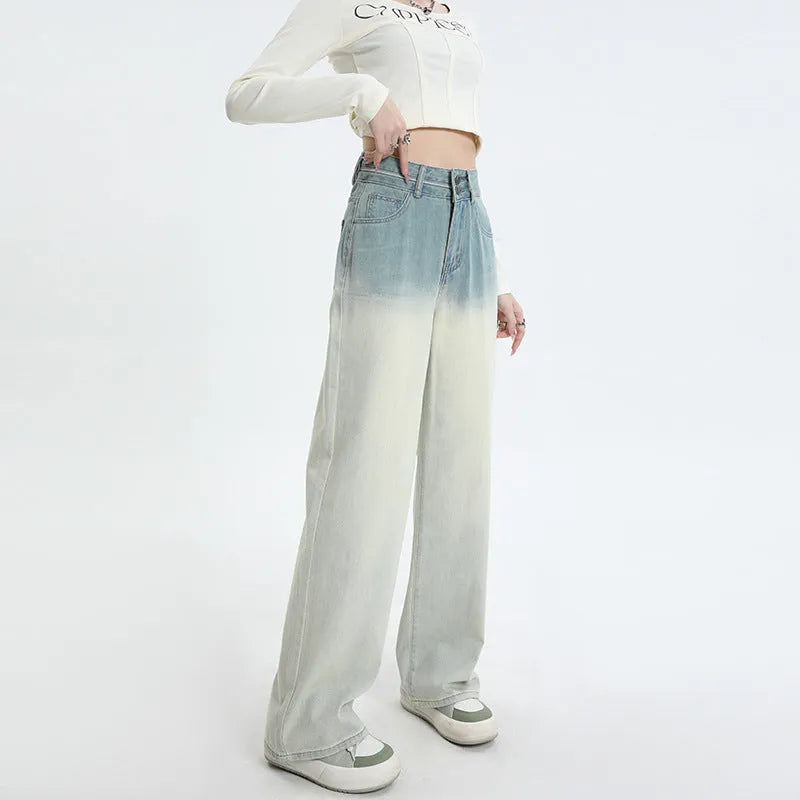 Women's gradient blue straight-leg denim trousers with wide leg fit on hanger