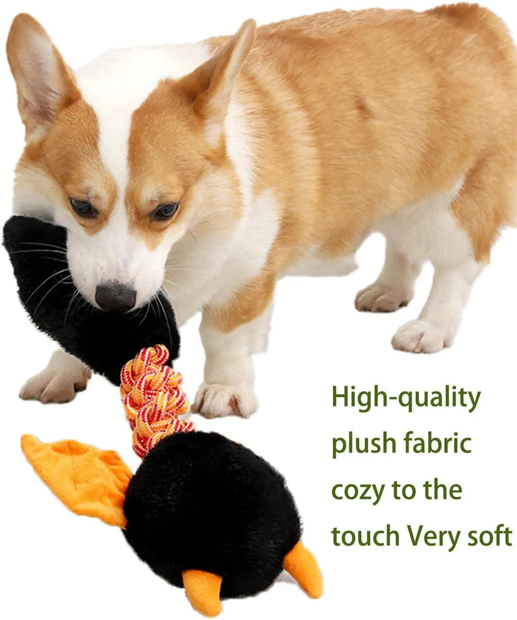 44cm long plush dog toy with squeaker and rope knot in rabbit fleece fabric