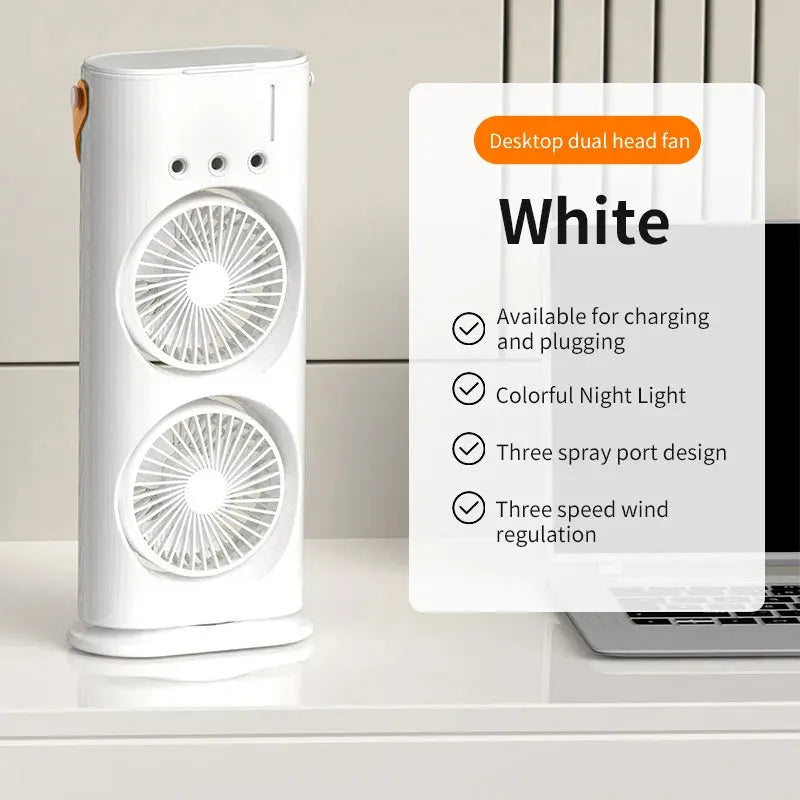 White portable USB desk humidifying fan with double spray heads and remote control.