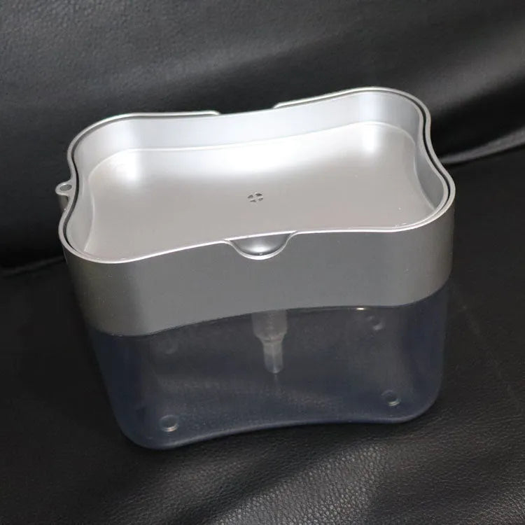 Plastic kitchen soap dispenser in choice of black, grey, pink, or silver colours on a countertop.
