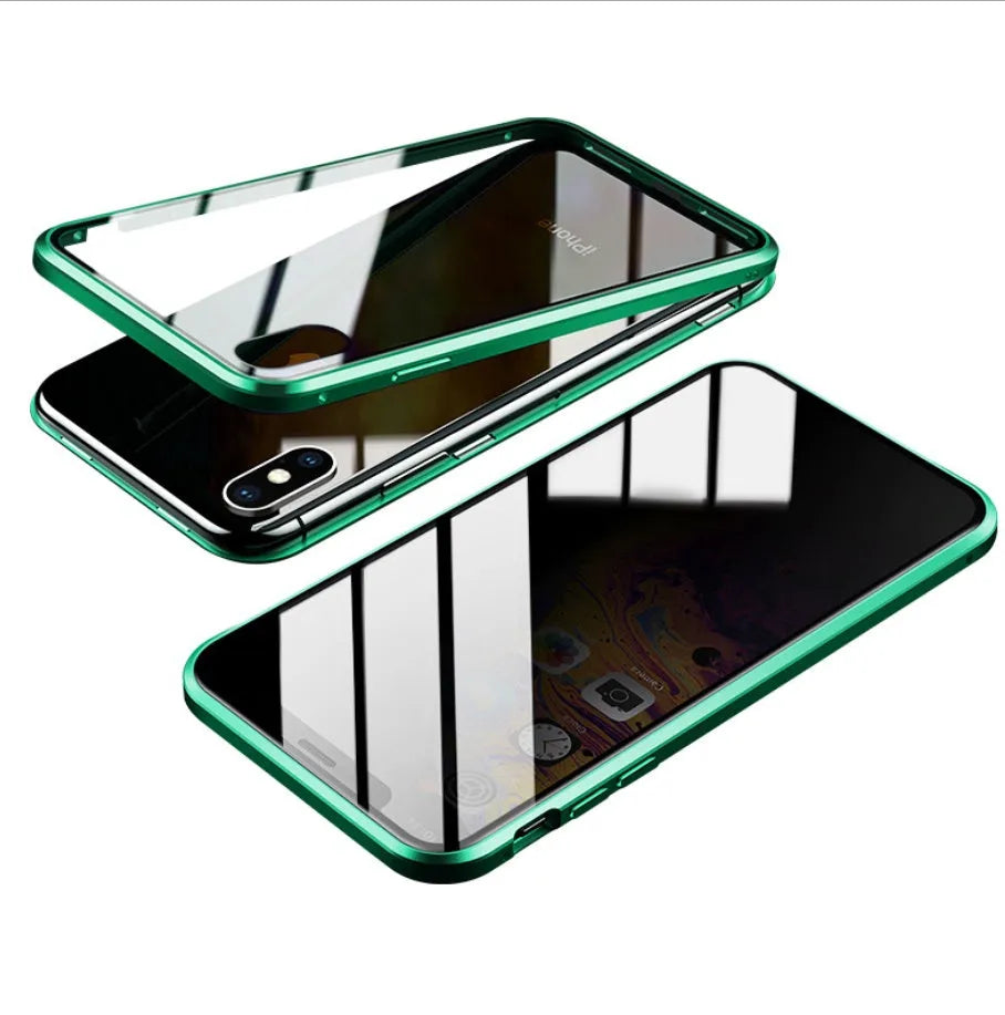 Tempered glass anti-spy phone case for iPhone with geometric pattern in black silver red gold green or blue