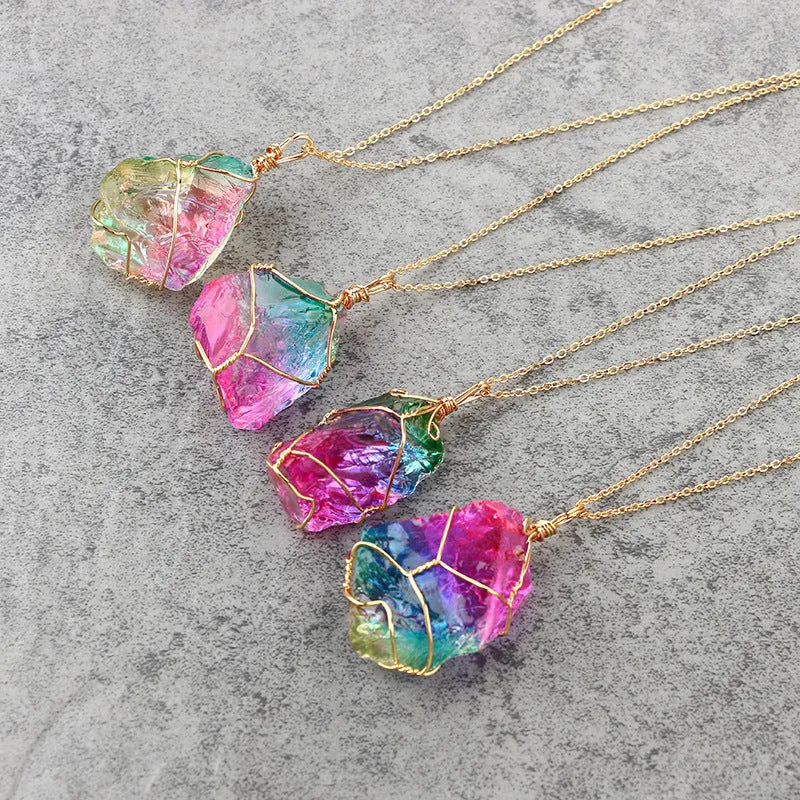 Natural rough-dyed rainbow quartz crystal pendant on alloy chain necklace, blue colour option
