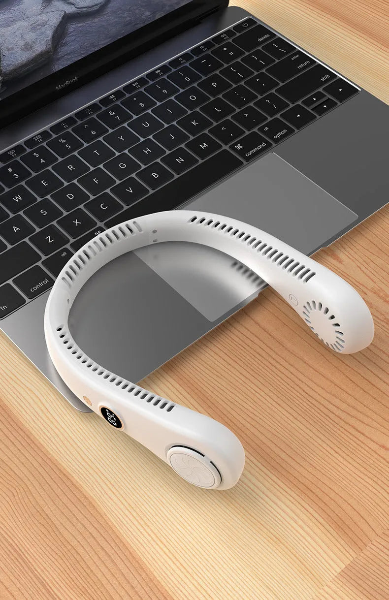 Blue USB rechargeable bladeless neck fan showing adjustable neckband and streamlined air outlet