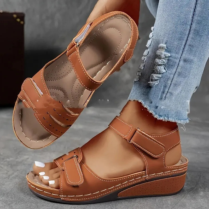 Beige plus size strap sandals with Velcro fastening and thick composite soles