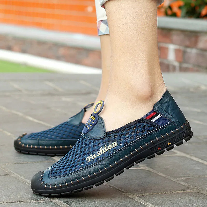 Men's brown mesh casual shoes with round toe and rubber sole on a white background