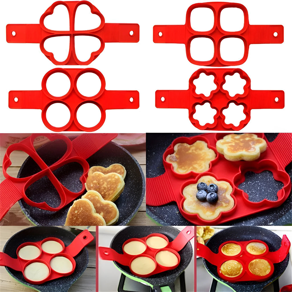 Red silicone non-stick egg ring mould for making round pancakes on a frying pan