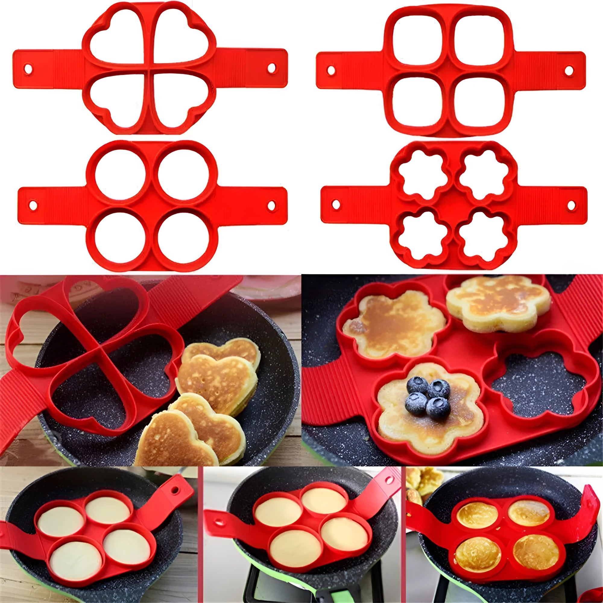 Red silicone non-stick egg ring mould for making round pancakes on a frying pan