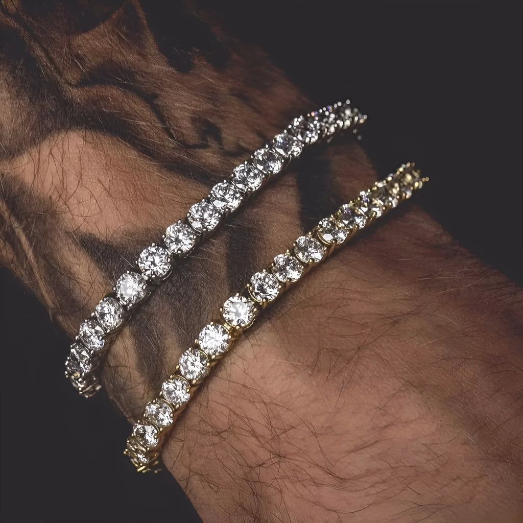 Men's silver alloy chain link bracelet with a single row of clear rhinestones on a black background.
