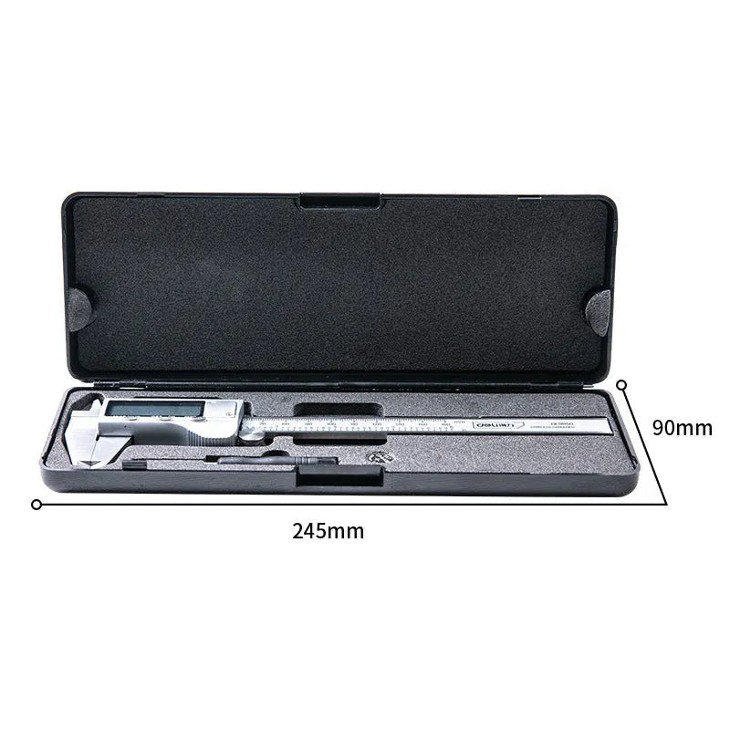 Stainless steel digital vernier caliper showing measurement on LCD display.