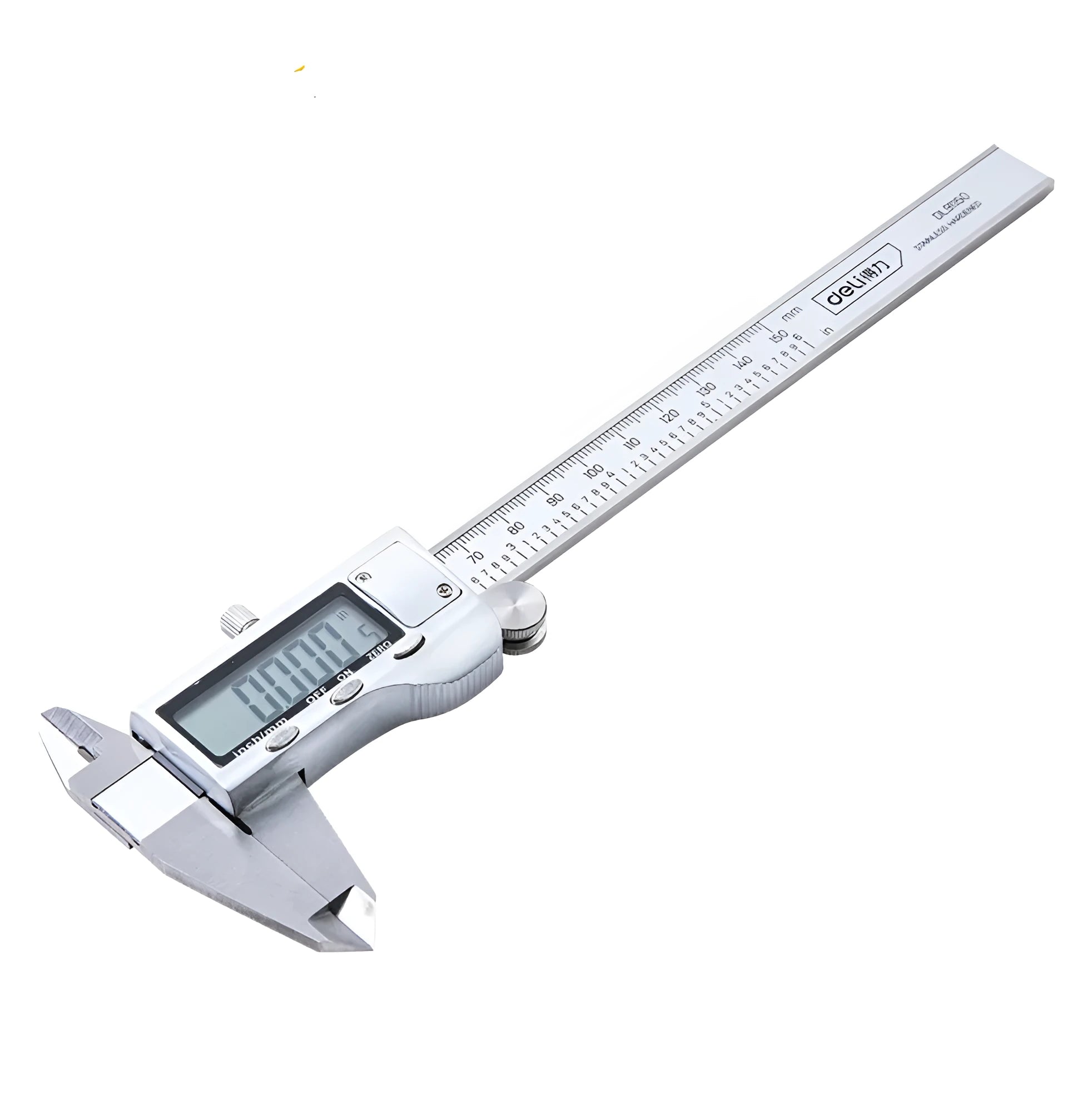 Stainless steel digital vernier caliper showing measurement on LCD display.