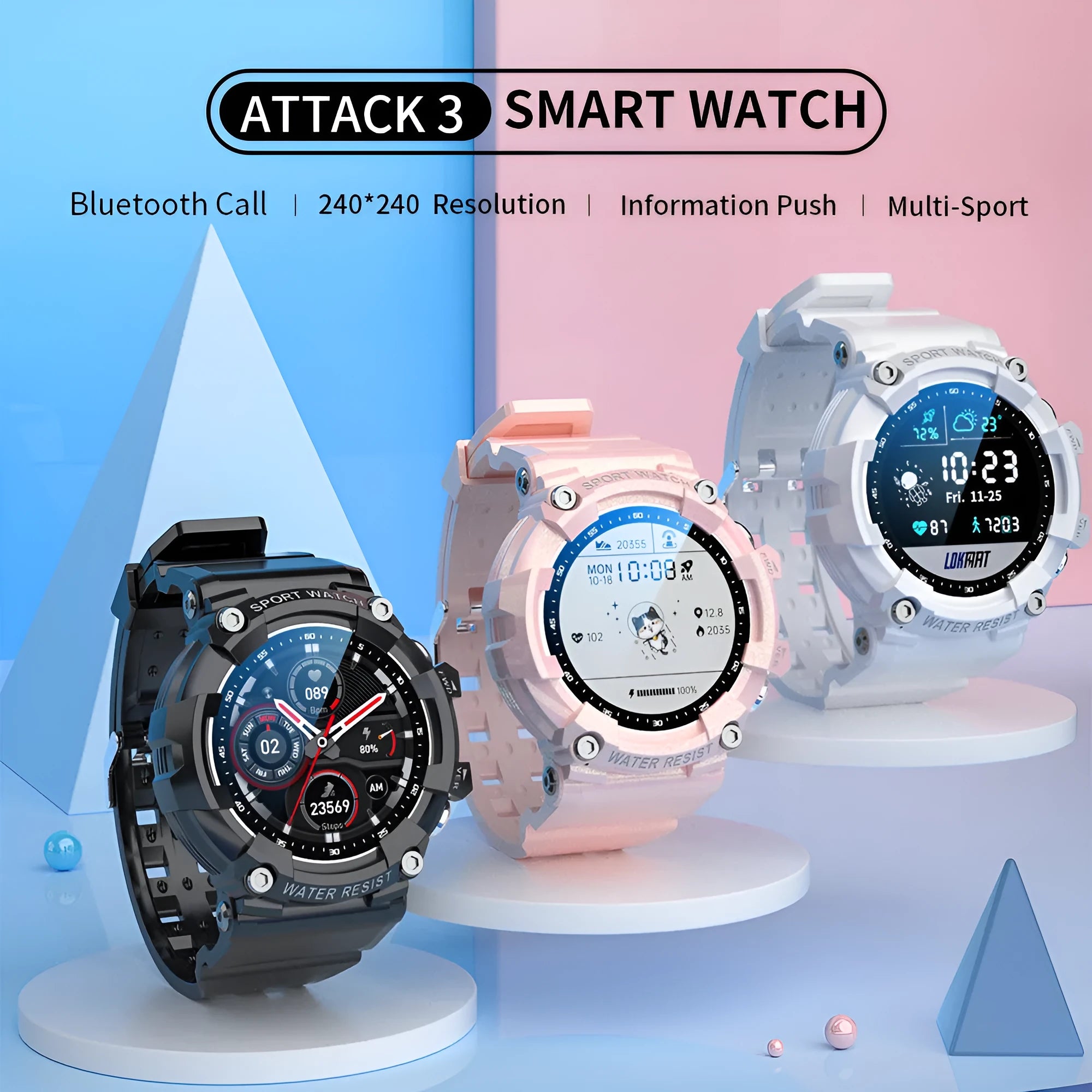 ATTACK 3 IP67 waterproof smartwatch with round colour screen and TPU strap
