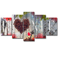 Set of five unframed red oil painting decoration boards in various sizes arranged on a wall.