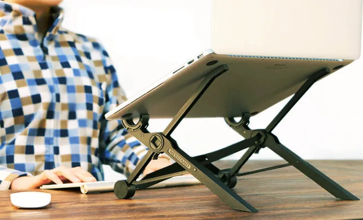 Black folding laptop stand showing folded and unfolded positions with reinforced nylon construction