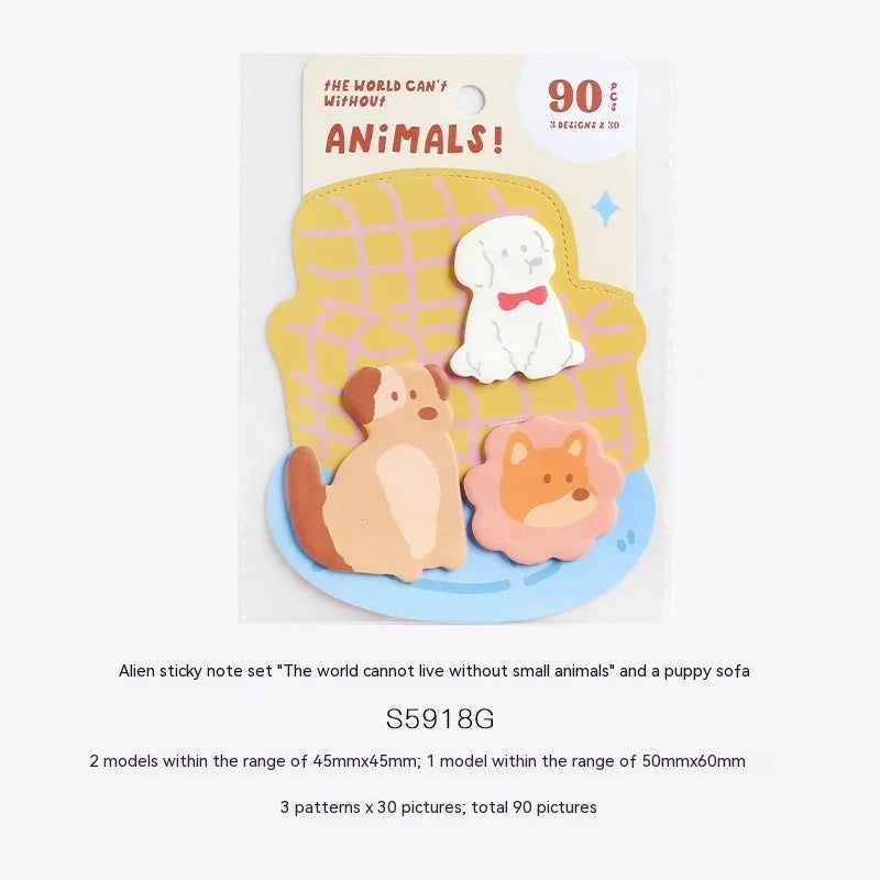 Animal-shaped sticky note set showing six cute designs including bunny, kitten, puppy and sea otter themes