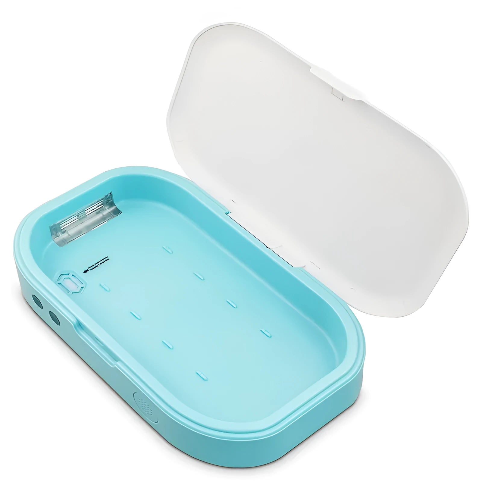 Blue UV steriliser box for mobile phones and small objects, with dual UV lamps and aromatherapy function
