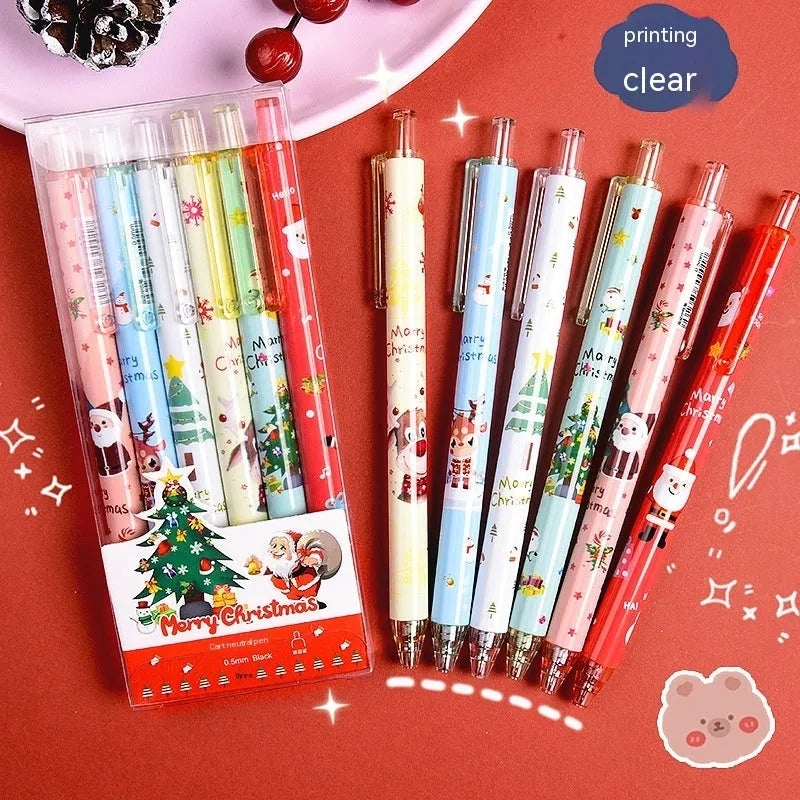 Set of six colourful cartoon-design press gel pens with black refills on a white background.